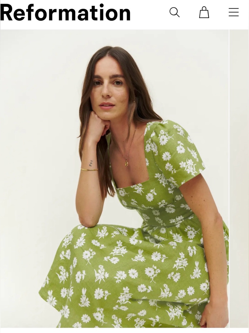 Reformation Pacome Linen Dress Green Floral Midi Dress Size 6 - Picture 5 of 8